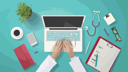 Medical doctor service on notebook with hand typing