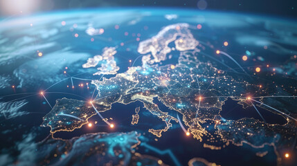 Communication technology with global internet network connected in Europe Telecommunication and data transfer european connection links IoT, finance, business, blockchain, security