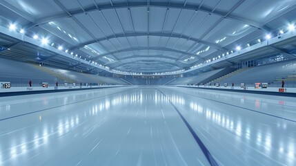 A professional speed skating venue featuring a slick ice surface and electronic timers for performance drills.