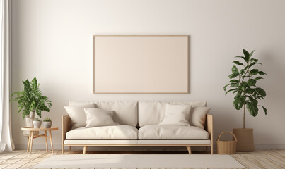 3d rendering, A minimalist living room with a cream sofa, coffee table and empty picture frame on the wall