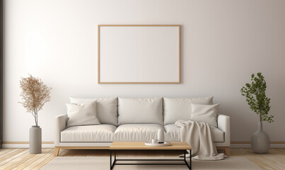 3d rendering, A minimalist living room with a cream sofa, coffee table and empty picture frame on the wall