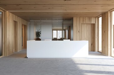 A white reception desk stands in the center of an office with wooden walls and gray carpet, and behind it is a glass wall
