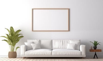 3d rendering, A minimalist living room with a cream sofa, coffee table and empty picture frame on the wall