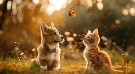 Fototapeta premium cute fluffy friends a cat and a dog wearing bow ties playing together in the park catch a flying butterfly in a sunny summer garden