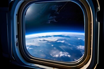 Blick aus dem Fenster einer Raumschiffs auf die Erde - Weltall - KI generiert