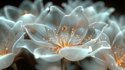   A zoomed-in image of several white blossoms adorned with dewdrops on their petals and a bee resting on their central floret