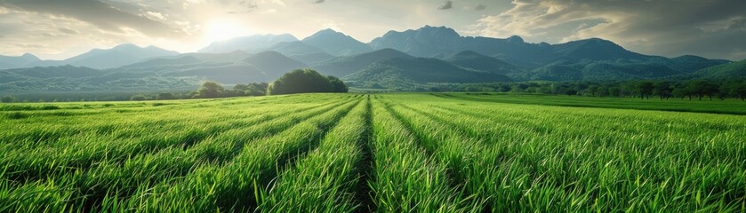 Obraz premium A picturesque landscape unfolds before your eyes, featuring a lush field of vibrant green grass stretching as far as the eye can see, with majestic mountains standing tall in the distance