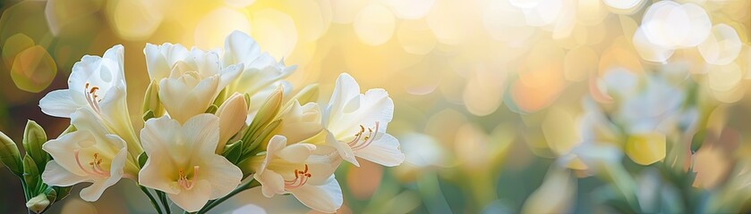 A tight shot of a cluster of Garden Freesias set against a blurred natural scenery, providing ample room for text or product placement in the background