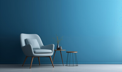 Fototapeta premium 3d rendering, Minimalist interior design of a modern living room with a blue wall and armchair
