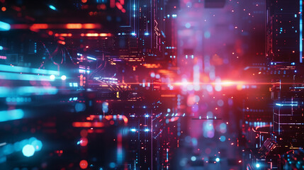 Fototapeta premium A bright, colorful, and abstract cityscape with a red and blue light shining through. Concept of energy and excitement, as if the city is alive and constantly changing