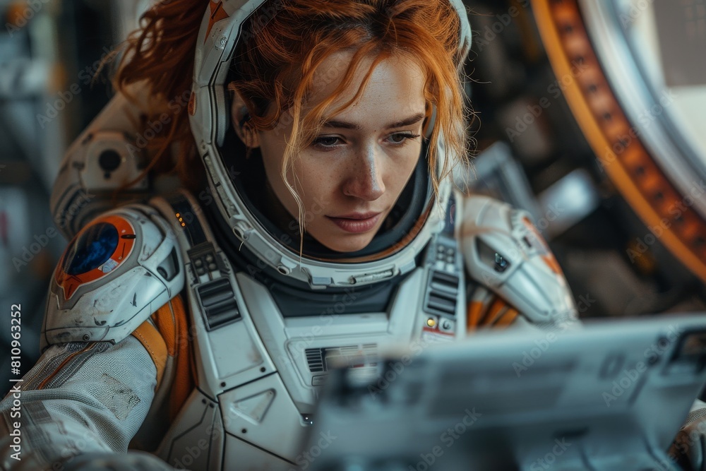 Wall mural an astronaut attentively examines a digital tablet inside a spacecraft with intricate details