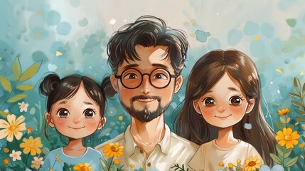Dad's day illustration of dad with family