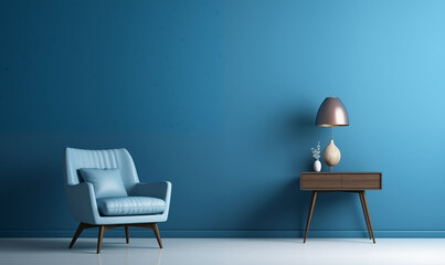 Fototapeta premium 3d rendering, Minimalist interior design of a modern living room with a blue wall and armchair