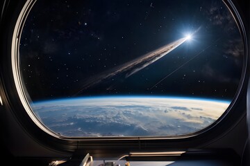 Blick aus dem Fenster einer Raumschiffs auf die Erde - Weltall - KI generiert