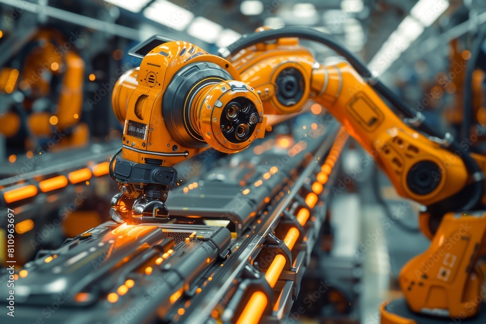 Poster highly detailed image of a robotic arm part of an automated production line in a modern factory