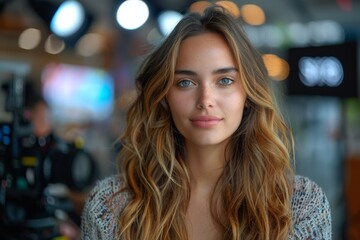 Obraz premium Close-up portrait of a woman with striking blue eyes in a retail setting