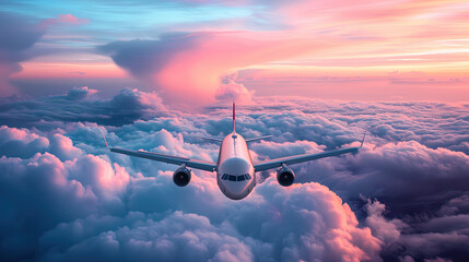 Commercial airplane jetliner flying above dramatic clouds in beautiful sunset light flight travel transport airline background concept Airplane in the sunset sky