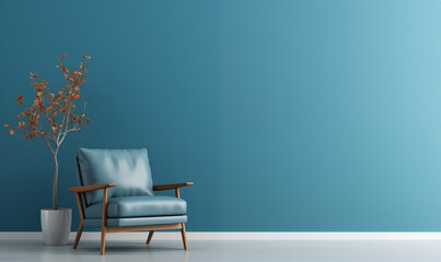 3d rendering, Minimalist interior design of a modern living room with a blue wall and armchair