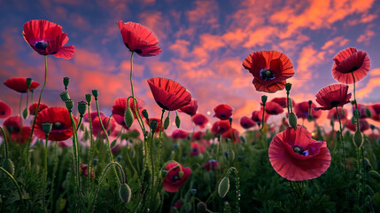 Obraz premium Poppy field under twilight embodies Memorial Day's transition peace.