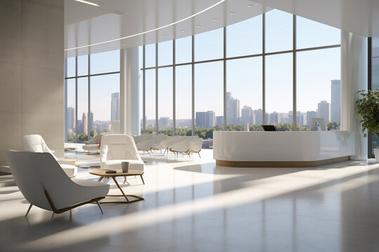 Fototapeta 3d rendering, Bright office interior with white walls, concrete floor and panoramic windows overlooking the city