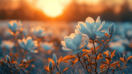   A sky full of blue flowers, sun setting