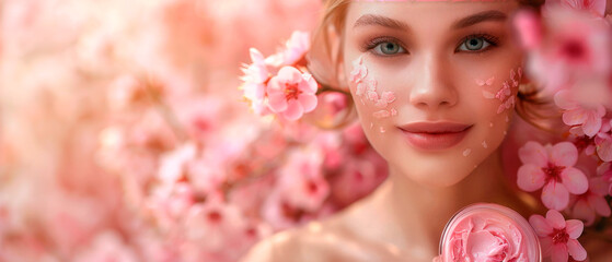 Close up woman surrounded by pink flowers, blurred pink background, copy space
