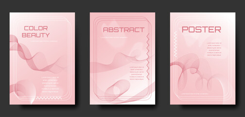 Fototapeta premium set of modern abstract pink colored posters with wave line pattern design. A set of posters for your text in y2k style with abstract lines in pink colors.