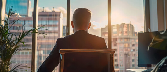 Business man in a suit sitting in a chair in front of a window with a city view