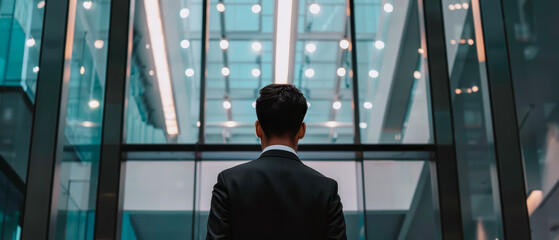 Business man in a suit, glass building wall, clean image