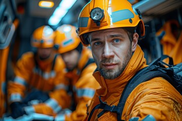 Fototapeta premium A focused male rescue worker with a headlamp, wearing orange safety gear and a helmet looks into the camera