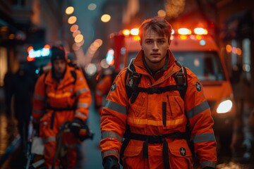 Fototapeta premium An attentive male rescue worker on a snowy street at night with emergency lights