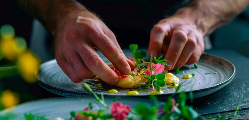 A chef preparing dish with green garnish on plate, creativity and skill concept