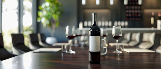 Bottle of red wine, modern office indoor, mock up, white label without text