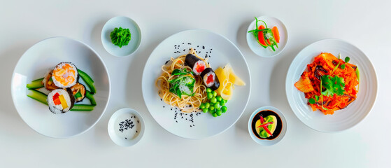 Row of plates with different types of food, including sushi, pasta and vegetables