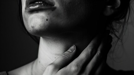 close-up of a face contorted in pain as a person holds their neck