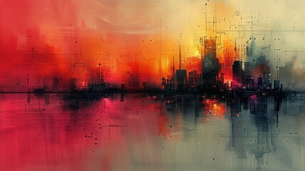 A painting of a cityscape at sunset. The sky is a vibrant orange and the water is a deep blue. The city is made up of tall buildings and there is a bridge in the foreground.