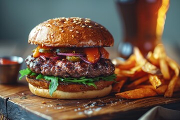Juicy gourmet burger with sesame bun, IPA beer, and sweet potato fries - Powered by Adobe