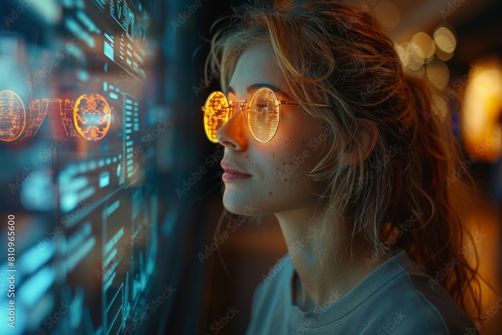 Poster a woman is engaged with multiple transparent futuristic data screens displaying unknown content, rep