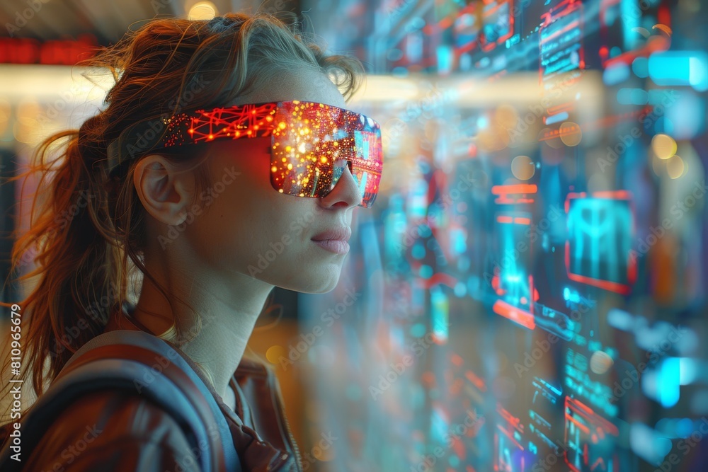 Poster a woman observes colorful, illuminated data panels in a concept representing technology and informat