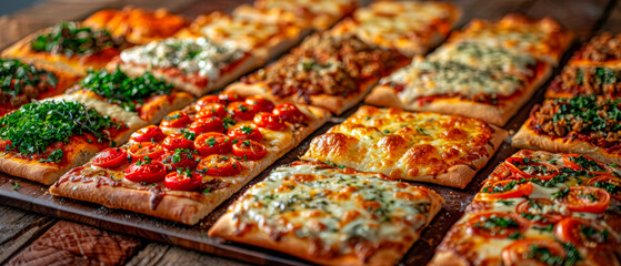 Fototapeta premium Large assortment of rustic pizzas slices displayed on wooden table, selective focus