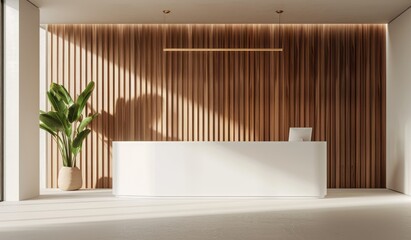 A white reception desk with wood paneling behind it in an office space