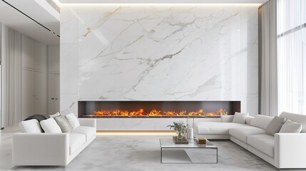 An airy living room in a modern setting, highlighted by a white marble fireplace, surrounded by chic white furniture under subtle lighting.