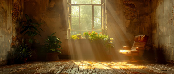 Grunge and old room with chair and window, sunlight is shining on it