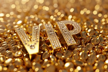 gold metallic standing 3d letters bedazzled with diamonds in shape of text "VIP" gold  background