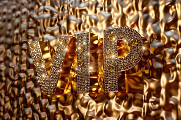gold metallic standing 3d letters bedazzled with diamonds in shape of text "VIP" gold  background