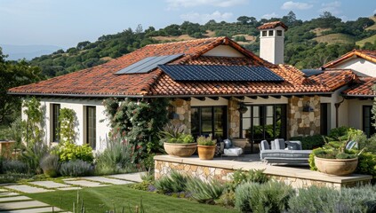 Fototapeta premium Display the versatility of solar tiles against a backdrop of rich greenery.