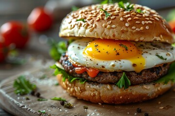 Juicy hamburger with sunny side up egg and fresh greens