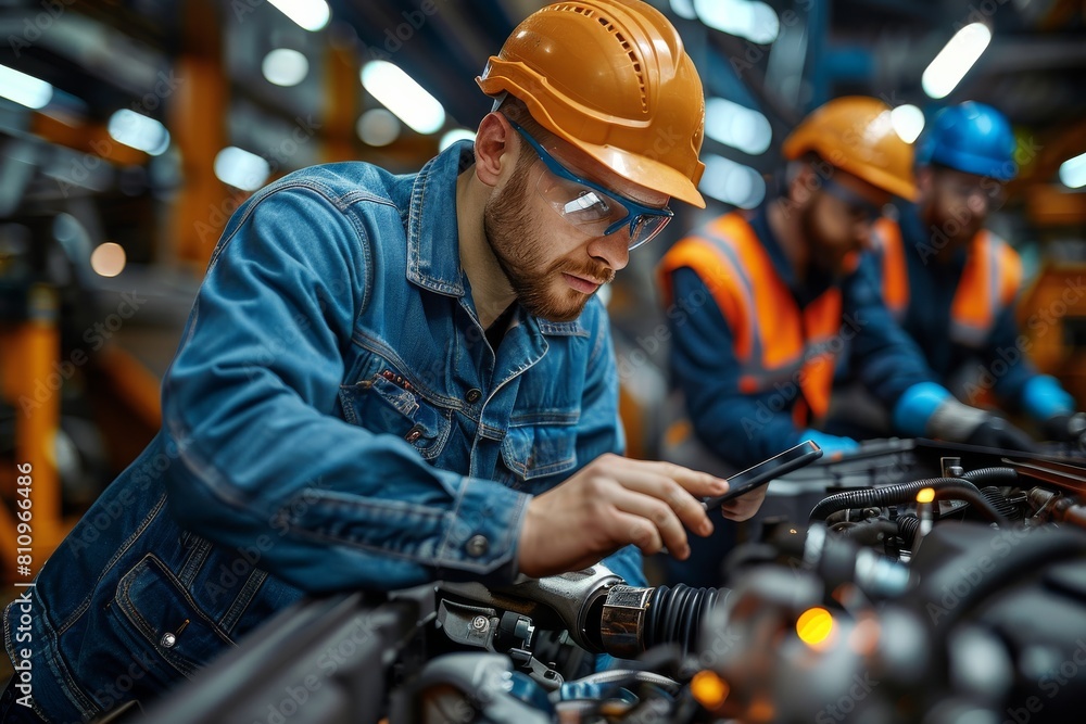 Poster a worker in a hard hat uses a smartphone to inspect or control machinery in a busy factory environme