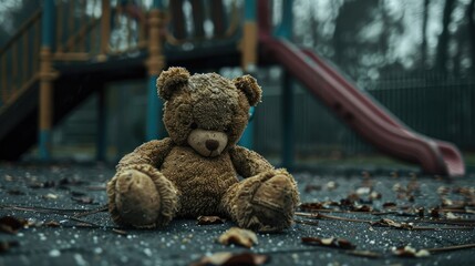 On a dreary day a forlorn brown teddy bear toy lays abandoned on the playground embodying both the idea of a lost toy and the poignant theme of loneliness symbolizing the essence of Internat