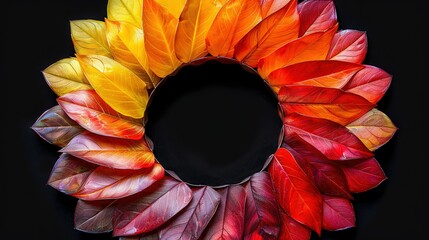   A black background with a multicolored wreath of leaves surrounding a central black circle